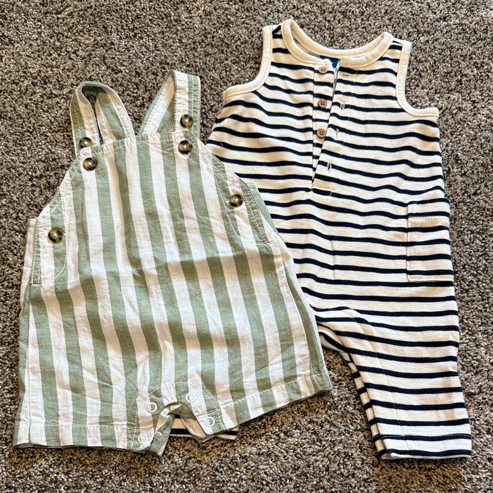 Old Navy Striped Green and Cream Kids Overalls